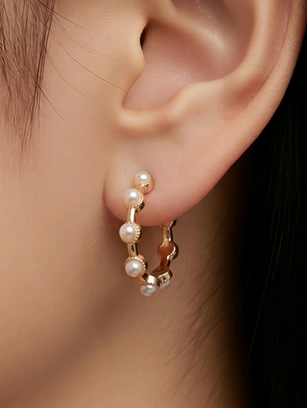 Pearl Midi Hoop Earrings | Gold Inset Pearl C-Hoops Elegant Minimalist Chic NWT
